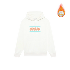 Drôle de Monsieur White Orange Logo and Blue Striped Box Graphic Print Heavyweight Fleece-Lined Drawstring Hoodie