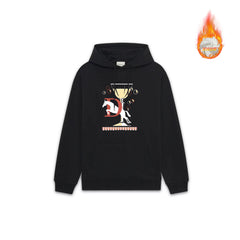 Drôle de Monsieur Black Champagne Glass and Jumping Horse Graphic Print Heavyweight 420g Fleece-Lined Drawstring Hoodie