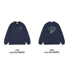 Drôle de Monsieur Navy Blue Floral & Script Graphic Print Long Sleeve Crewneck Sweatshirt