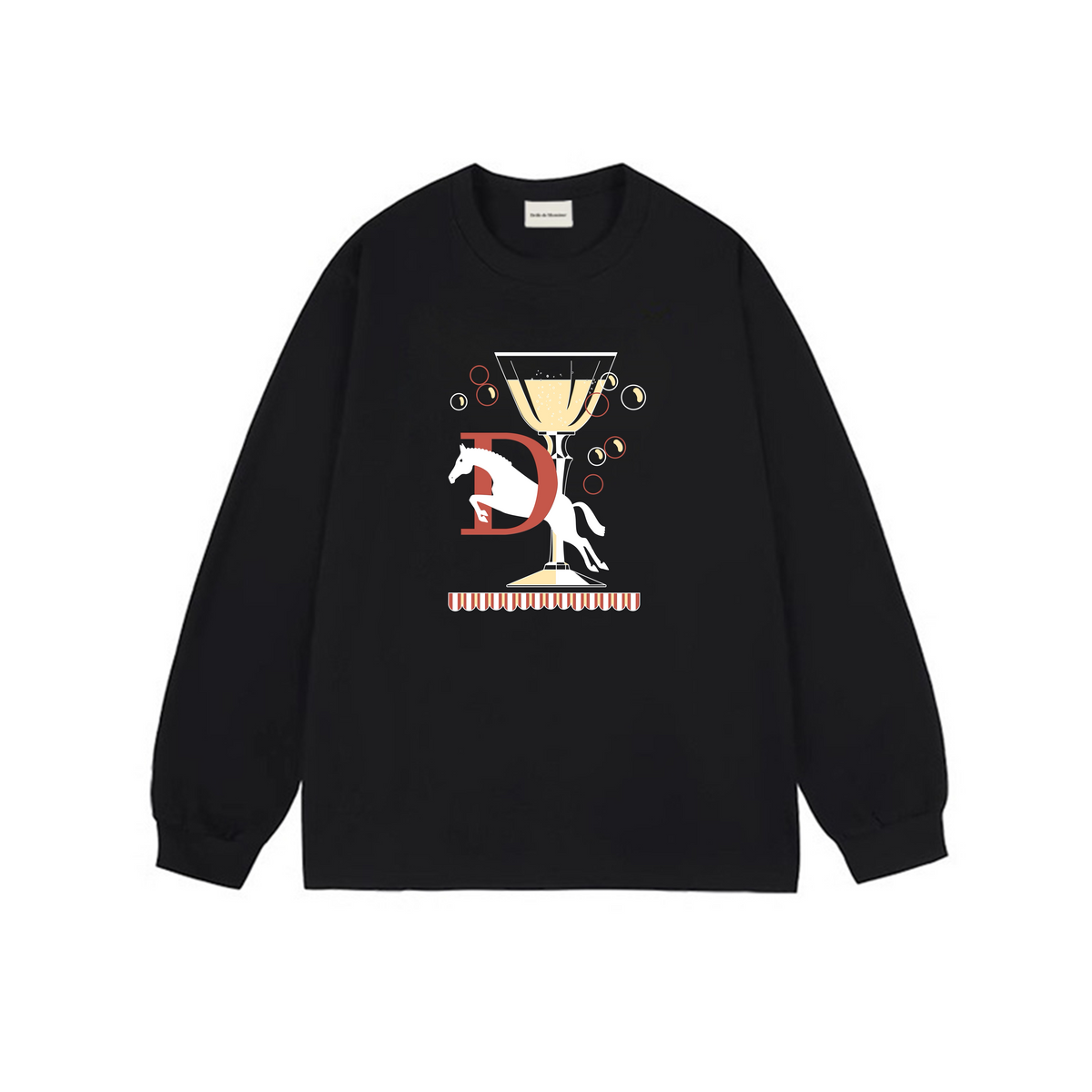 Drôle de Monsieur Black Wine Glass & Horse Graphic Print Long Sleeve Crewneck Sweatshirt