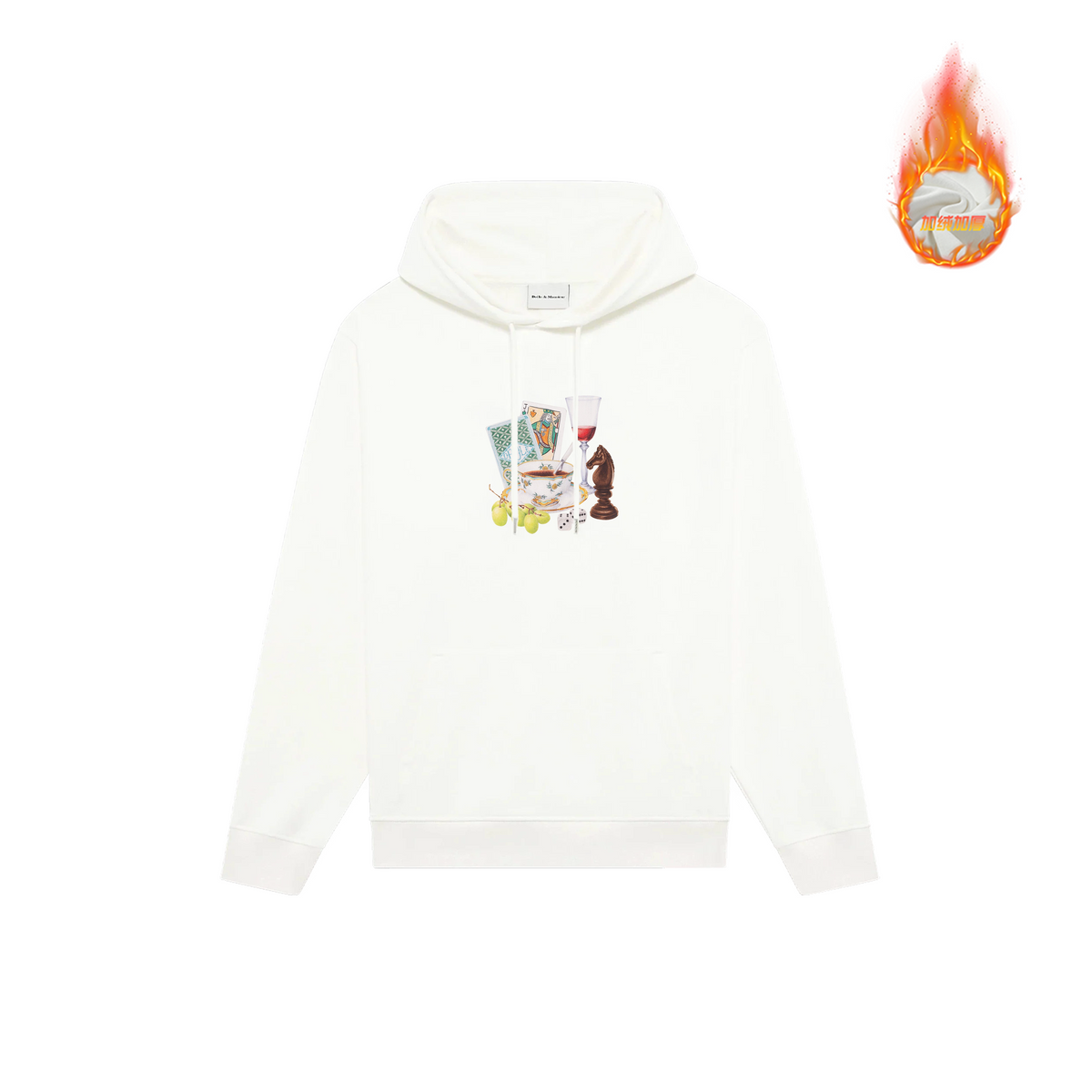 Drôle de Monsieur White Still Life Elements (Cards, Wine Glass, Chess) Graphic Print Heavyweight Drawstring Hoodie