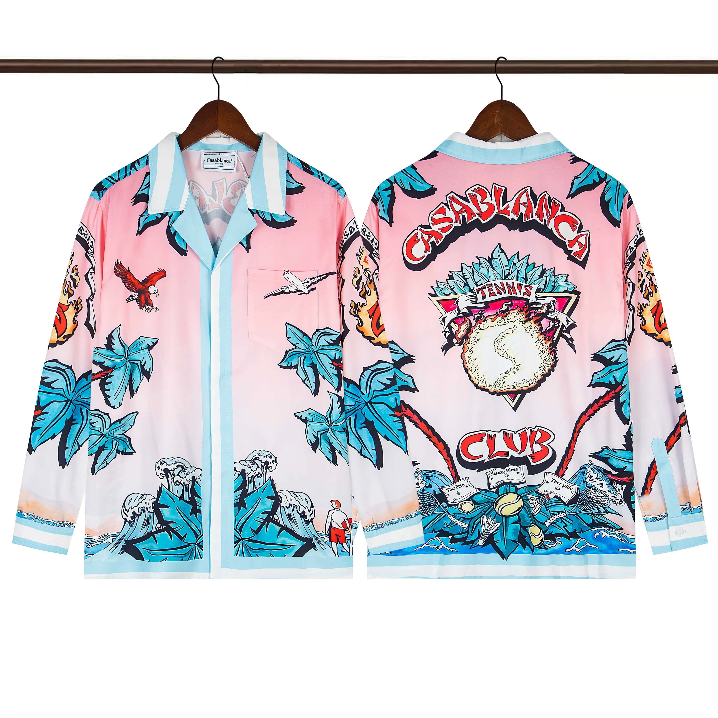 Casablanca Club Feather & Palm Silk-Style Shirt - Pink / Blue