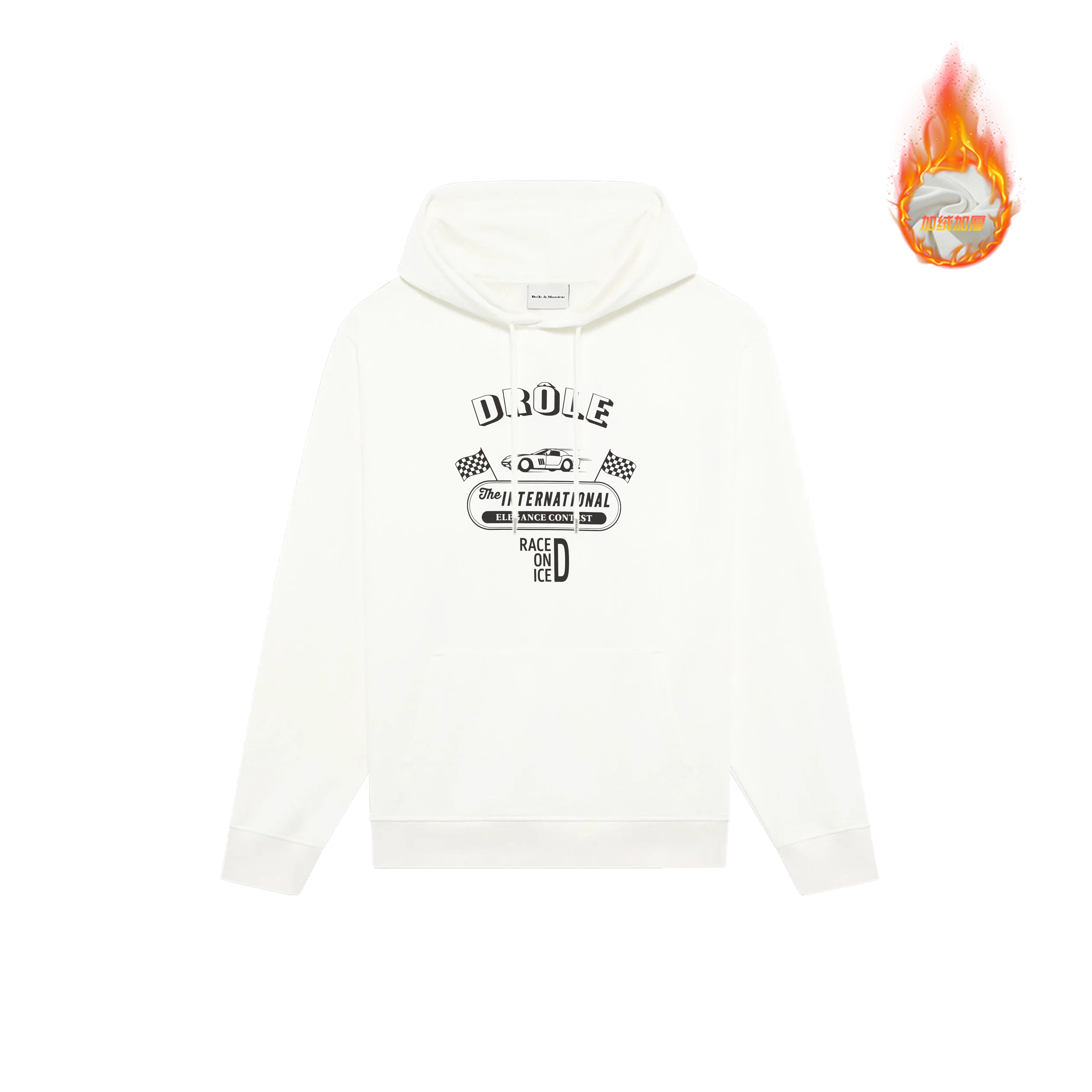 Drôle de Monsieur White Vintage Racing Car and Slogan Graphic Print Heavyweight Drawstring Hoodie