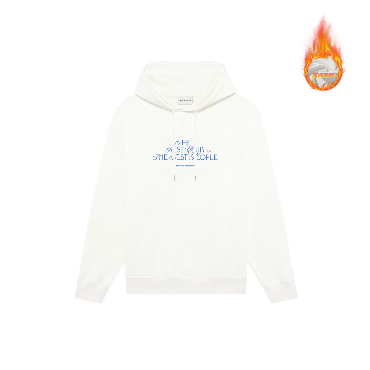 Drôle de Monsieur White Blue Lettering Graphic Print Heavyweight 420g Fleece-Lined Drawstring Hoodie