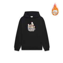 Drôle de Monsieur Black Champagne Glasses and Tray Graphic Print Heavyweight Fleece-Lined Drawstring Hoodie