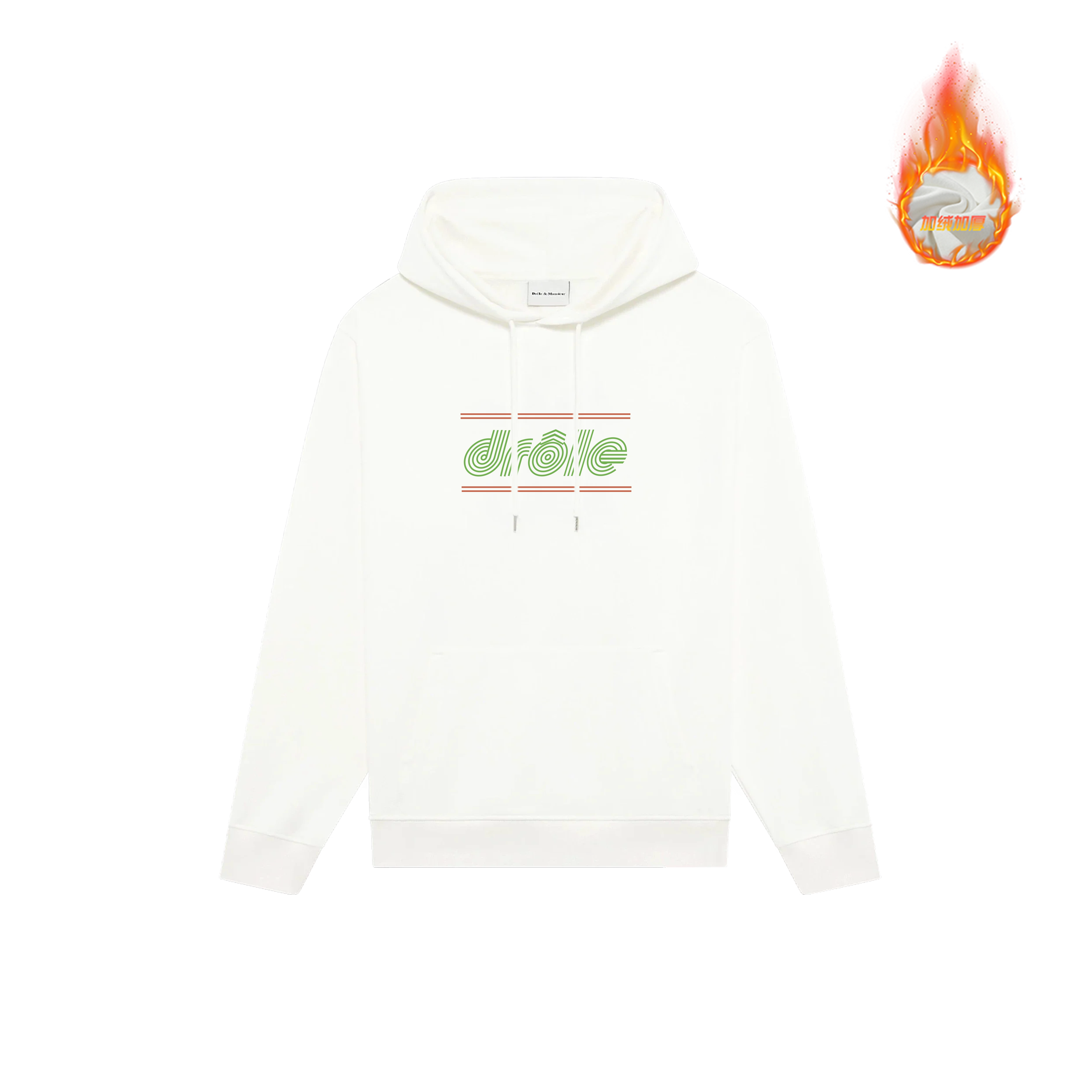 Drôle de Monsieur White Green Logo and Pink Striped Box Graphic Print Heavyweight Fleece-Lined Drawstring Hoodie
