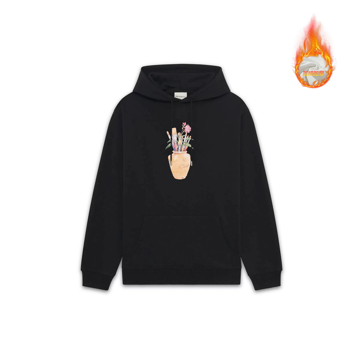Drôle de Monsieur Black Hand Floral Graphic Heavyweight Fleece-Lined Drawstring Hoodie